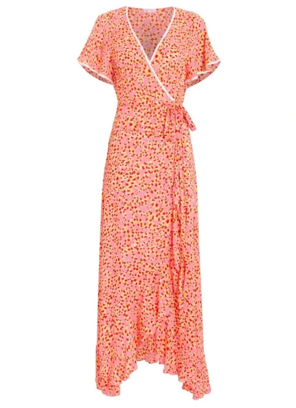 Poupette St. Barth Joe Midi Wrap Dress Pink Paillon Print Flutter Sleeve